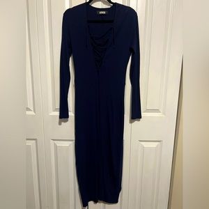 Reformation navy midi stretch rib plunge dress